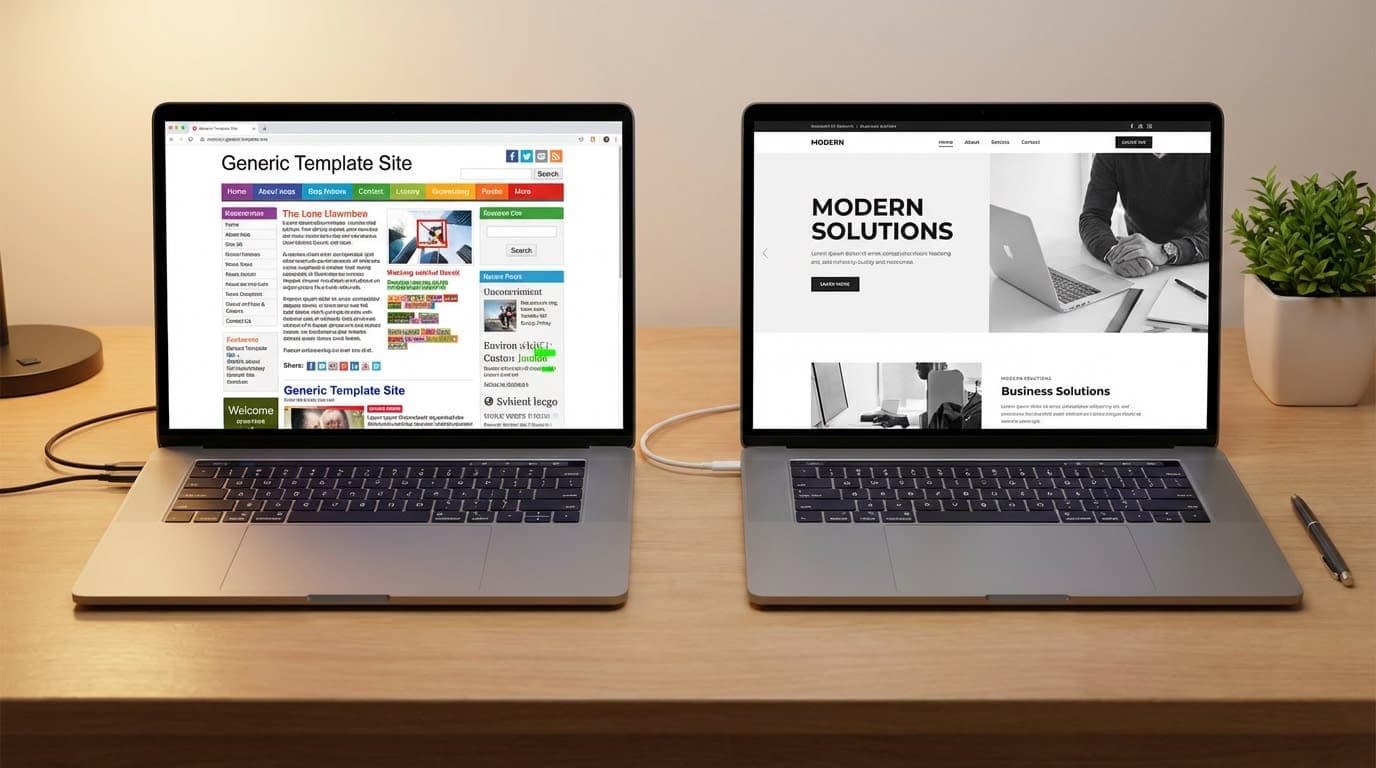 Side-by-side comparison of two laptop screens — one showing a busy, outdated generic template website and the other displaying a clean, modern custom business website with clear visual hierarchy.