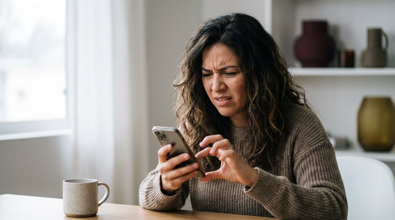 A woman sitting at a table squinting and tapping her smartphone with visible frustration — illustrating the poor user experience of a website that isn't mobile-friendly.