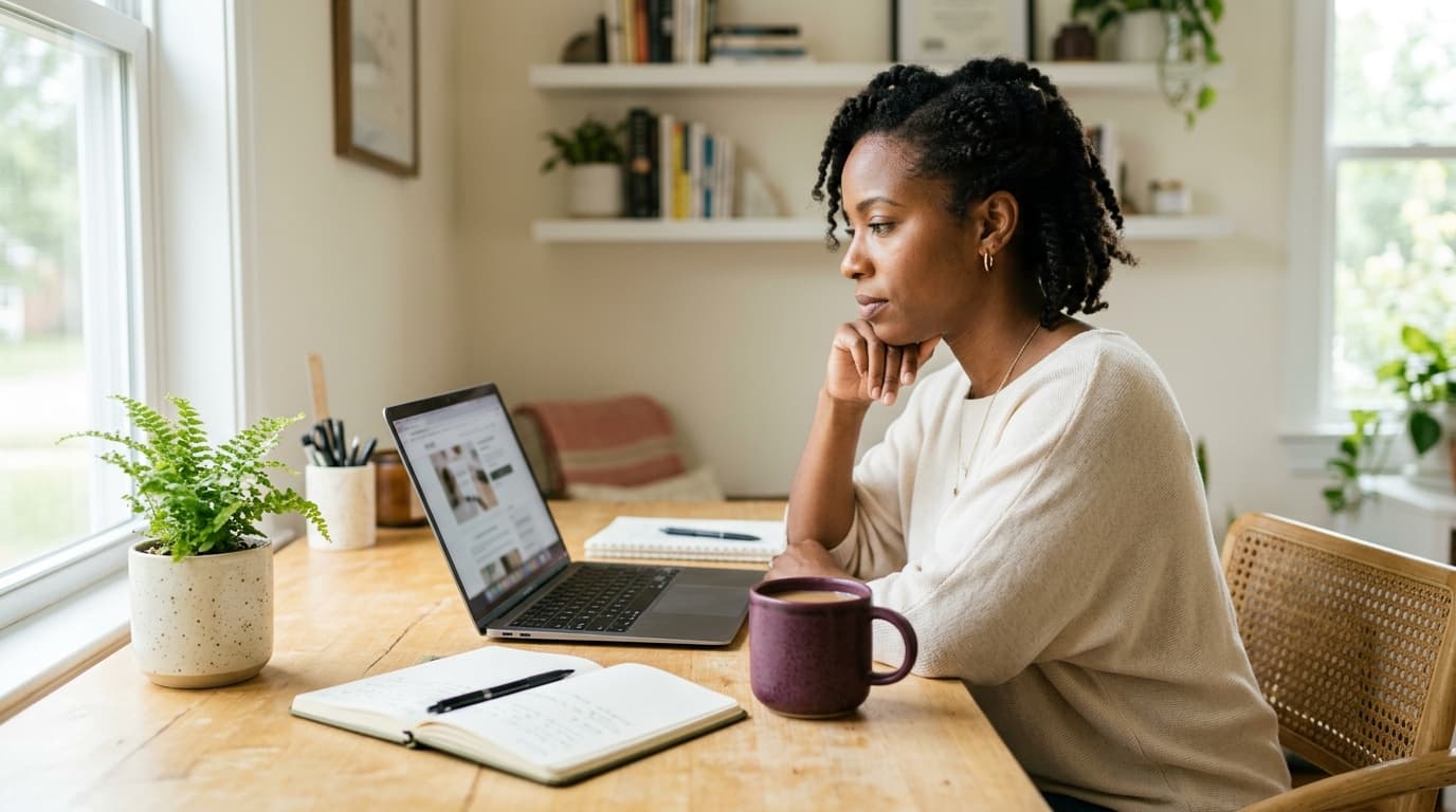 A Black woman with natural hair sits at a wooden desk, chin resting on her hand, thoughtfully reviewing her coaching website on her open laptop with a plum ceramic mug and open notebook beside her.